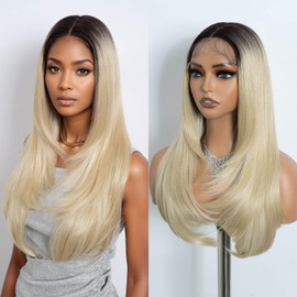 NOBLE Blonde Highlight Straight Layered Wig for Women 24 inch Synthetic Lace Front Wig Ombre Brown Wig for Daily.