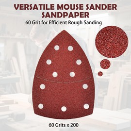 200PCS 60 Grit Mouse Sander Sandpaper 11-Holes Triangular Sanding Pads Abrasive Sheets for Palm Sanders, Detail Sanders, Mouse Sanding Pads for Woodworking & Metal Polishing