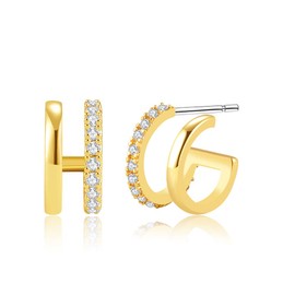 Obidos 14K Gold Plated Double Huggie Hoop Earrings for One Hole | Illusion Stud Earrings for Women