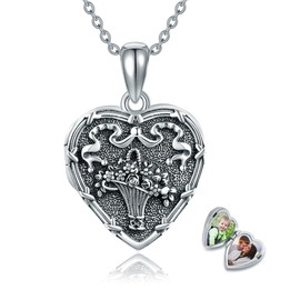 URONE - Collar con medallón de flores que sostiene imágenes de plata de ley con forma de corazón y foto con colgante de corazón, joyería de cumpleaños para mujer, Plata esterlina, Sin piedra preciosa