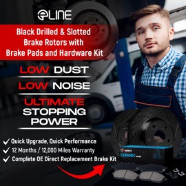 R1 Concepts eLINE Series Rear Brake Rotors Drilled and Slotted Black with Ceramic Pads and Hardware Kit For 2018-2021 Honda Accord