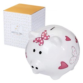 Piggy Bank Money Box for Kids Adults Girls, Large Ceramic Pig Saving Bank for Children, Cute Birthday New Home Gifts (Heart Butterfly)