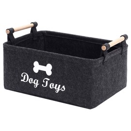 Geyecete Dog Toys Storage Bins - with Wooden Handle,Decorative Basket Rectangular Soft felt Storage Bin Organizer Basket Pet supplies storage Basket/Bin Kids Toy Chest Storage Trunk(DOG-Dark Grey)