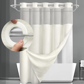 No Hook Shower Curtain with Snap in Liner Set Less Time Beige Waffle Shower Curtain for Bathroom 75" L x 72" W - Color: Cream, Size: 75"L x 72"W