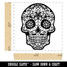 Dia De Los Muertos Mexican Sugar Skull with Flowers Day of The Dead Self-Inking Rubber Stamp Ink Stamper - 1 Inch Small - Pink Ink