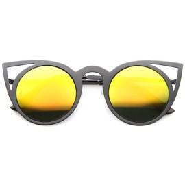 zeroUV Womens Fashion Round Metal Cut-Out Flash Mirror Lens Cat Eye Sunglasses (Black/Yellow Mirror)