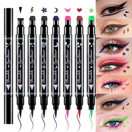 7Pcs Colored Winged Eyeliners Face Stamp Set, Star Flowers Heart Moon Triangle Lightning Butterfly Colorful Eye Liners Stamp Makeup Kit - style: set 1