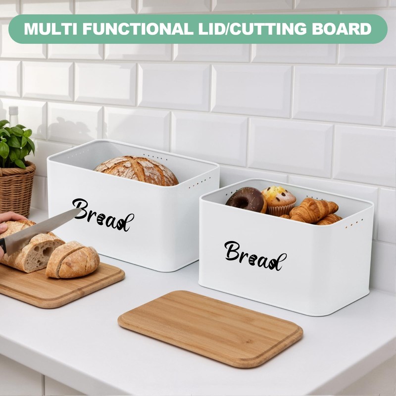 Metal Bread Box Set of 2 with Bamboo Lid, Modern