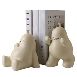 Decorative Bookends 2Pcs Expressive Pear-Shaped Cute Bookends with 1 Pushing Forward & 1 Sitting Down Milky White Ceramic Book Ends for Home, Office, School-