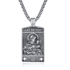 QCFL Saint St Anthony Medal Necklack For Men Sterling Silver Saint Anthony Dog Tag Jewelry Religious Protection Jewelry Catholicism Religious Gifts For Men Husband Dad Son