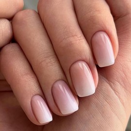 French Tip Press on Nails Short Square Fake Nails Glossy Pink False Nails with Glue on Nail Reusable Full Cover Stick on Nail Acrylic for Women DIY Art Decoration