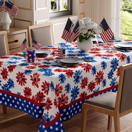 XCHI Watercolor Red Blue Flowers Stars America Patriotic 4th of July Memorial Day Independence Day Tablecloth Rectangle Washable Table Covers for Home Party Decorations 60x84 Inch