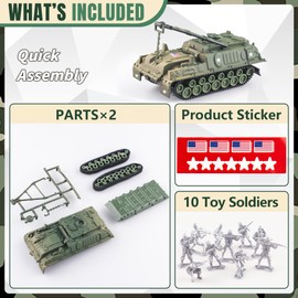 MaozyHomie WW2 Army Tank-4 and Army Men Toys Playset, 2pc US Tank Models with 10pc Toy Soldiers, Olive Drab Green 1:72 Military Vehicle, Great Military Toy for Kids Boys