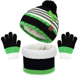 AYPOW 3pcs Kids Winter Warm Beanie Hat Scarf Gloves Set 4-8 Years, Thicken Fleece Lined Thermal Knitted Winter Accessories Sets for Kids Children Boys Girls, Beanie Cap with Pom Neck Warmer Mittens