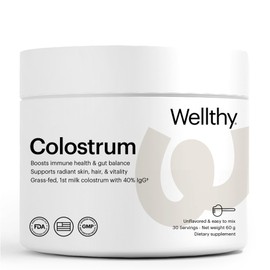 Wellthy Colostrum Powder – Grass-Fed, 40% IgG – Supports Immune System, Gut Health, and Radiant Skin – 30 Servings – Made in USA