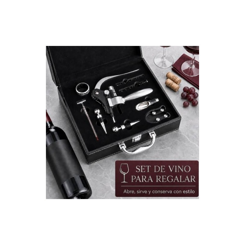 Set Abridor de Vino con 10 Accesorios, Caja Negra, Sacacorchos