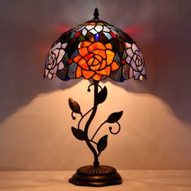 AVIVADIRECT Tiffany Lamp Orange Red Rose Flower Stained Glass Table Lamp Desk Bedside Reading Light 12X12X19 Inches with Metal Leaf Base Decor Bedroom Living Room