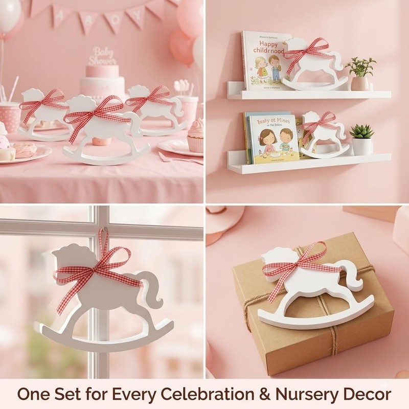 6Pc White Wood Rocking Horse Decor, Baby Shower Table Centerpiece