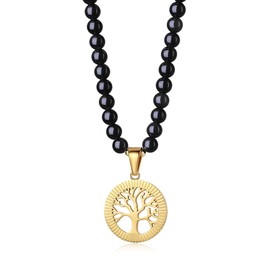 COAI Tree of Life Pendant Black Obsidian Necklace 108 Beads Mala Stone Beaded Necklace