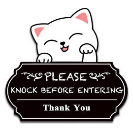 Please Knock Sign for Door, UV Resistant Self Adhesive Vinyl Funny Please Knock Before Entering Sign for Office or Home (CAT)