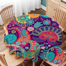 Yibeas Colorful Flowers Round Tablecloth 60 inch Table Cloth Exotic Curly Ethnic Fantastic Floral Colorful Artistic Tablecloths for Round Tables Small Round Tablecloth Table Cover for Outdoor