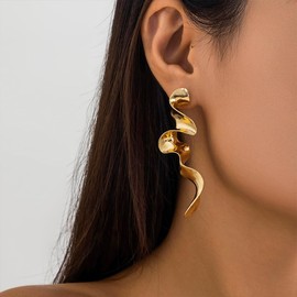 Long Gold Twisted Abstract Earrings Vintage Geometric Spiral Oversized Dangle Earring for Women Exaggerated Large Statement Jewelry Irregular Accessories (Gold)