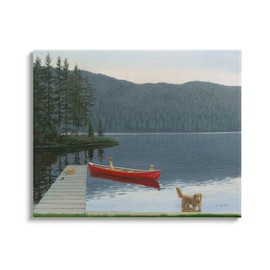 Stupell Industries Docked Row Boat Lake Forest Landscape Pet Dogs, Designed by James Wiens Canvas Wall Art, 20 x 16, Green