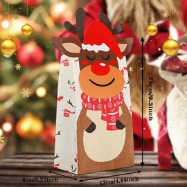 FEBSNOW 24 Pieces Christmas Gift Bags with 24 Pieces Stickers,Christmas Candy Treat Bags,Xmas Cookies Goody Wrapping Bags,Craft Paper Bags for Holiday Partty Favors