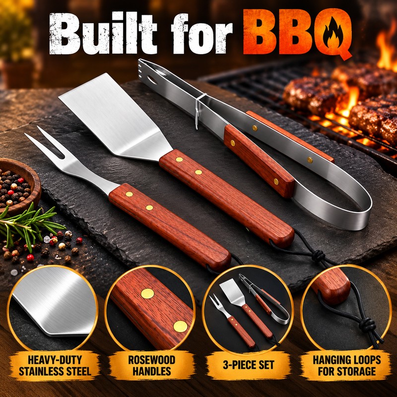 3-Piece Stainless Steel BBQ Tool Set with Rosewood Handles –