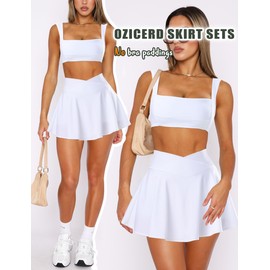 OZICERD Two Piece Tennis Skirt Sets for Women 2 Piece Mini Skirt Set Going Out Golf Skort Athletic Skirts Pickleball Outfit White,L