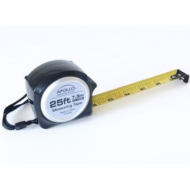 Apollo Tools Measuring Tape, 25 Foot Tape Measure with Retractable Blade, Fraction Markings, 1 Inch Nylon Blade, 8 Foot Standout, Lock Button and Belt Clip - Black - DT5002