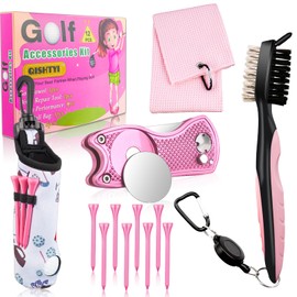 Qishiyi 12Pcs Golf Accessories Kit Include Golf Ball Bag Golf Tees Golf Towel Golf Club Cleaner Brush Groove Cleaner Tool Divot Tool Magnetic Ball Marker,Best Golf Gift for Women Man (Pink)