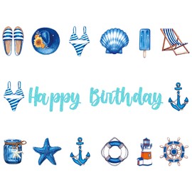 Nautical Theme Birthday Party Banners Nautical Anchor Glittery Blue Sailor Happy Birthday Banners Boat Ocean Pattern Happy Birthday Party Hanging Decoration for Cruise Sailor Theme Birthday Party Supplies