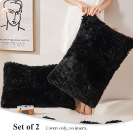 XeGe Faux Fur Throw Pillow Cases, Plush Shaggy Ultra Soft Pillow Covers, Fluffy Crystal Velvet Decorative Pillowcases, Furry Fuzzy Pillow Shams Zipper Closure, Set of 2(Standard, Black)
