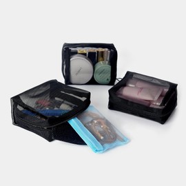 patu Portable Mini Zipper Mesh Bags, Size S, 5" x 4" x 2", 3 Pieces, Beauty Makeup Lipstick Cosmetic Accessories Organizer, Small Travel Kit Storage Pouch, Black