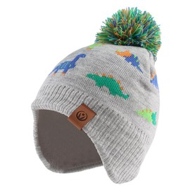 XIAOHAWANG Knitted Baby Hat Winter Warm Boys Girls Beanie Fleece Lining Toddler Kids Hat with Pompom (Gray Colorful Dinosaur Hat, M)