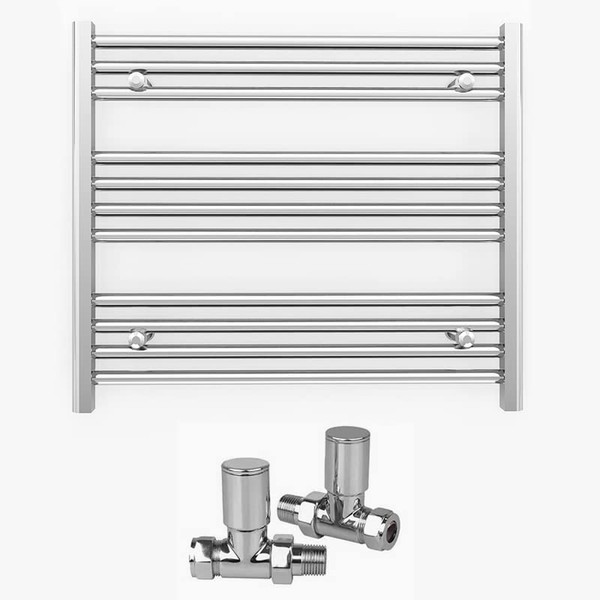 700mm Wide Straight Chrome Heated Bathroom Towel Rail Radiator With Valves For Central Heating UK (With Chrome Straight Valves, 700 x 600mm (h))