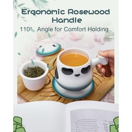 ZENS Tea Mug with Infuser and Lid for Loose Leaf Tea Steeper, 11 oz Panda Tea Cup with Strainer and Saucer for Tea Brewer, Wood Handle Tea Infurser Mug for Loose Tea Brewer, Tea Lovers Gifts