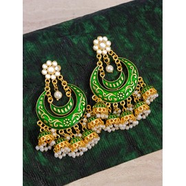Crunchy Fashion Bollywood Jewellery Traditional Ethnic Bridal Bride Wedding Bridesmaid Indian Gold Plated Little Jhumkis Hanging Studded Green The Aliyah Chandbali Earrings For Women