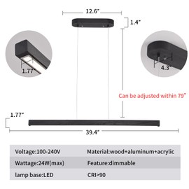 QJCMUUYI 39 Inch LED Linear Pendant Light Black Wood LED Kitchen Island Lighting Dimmable Ceiling Hanging Chandeliers for Dining Room Living Room Bar Pool Table 24W Modern Farmhouse Fixture Black