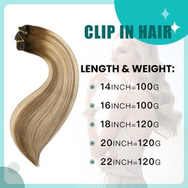 SURNEL Clip in Hair Extensions Human Hair Balayage Ombre Color 3 Darker Brown Fading To 8 And 22 Blonde Clip in Hair Extensions 18 inch 6pcs 120g Real Hair Clip in Extensions(#3/8/22,18")