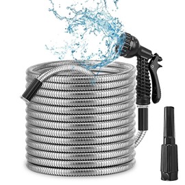 Zorpupoa 50FT Stainless Steel Garden Hose Metal, Garden Hose Puncture Proof Hose with Multifunction Nozzle & Sprayer, Kink Free Flexible Lightweight Outdoor Water Hose