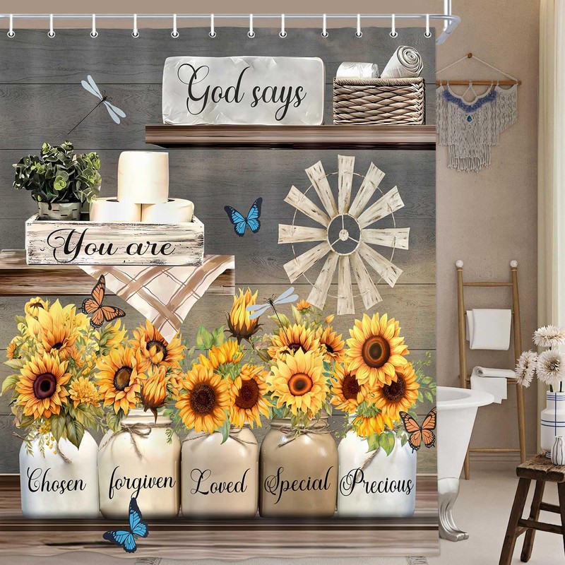 Farmhouse Rustic Sunflower Shower Curtains Inspirational Quotes, 72x72in