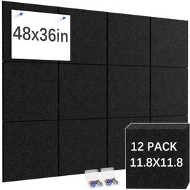 Ftumertly Large Cork Boards for Walls 12 Pack, Black Bulletin Board 48" x 36" Felt Wall Tiles, Cork Board with PushPins, Pin Boards with Safe Removable Adhesive, Tack Board Notice Boards for Ofiice