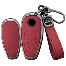 TECART Leather Key Fob Cover Fit For VW Volkswagen Touareg 3 Button Metal Remote Key Fob Case Protection Shell Accessories, Long-red
