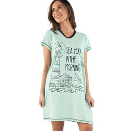 Lazy One Women's Nightgown, Funny V-Neck Sleep Shirt for Women, Lightshouse PJ Tee (Sea You in AM, S/M)