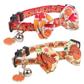 ADOGGYGO Thanksgiving Cat Collars with Bow Bell, Breakaway Fall Kitten Collar with Bowtie Pumpkin Turkey Collar for Girl Boy Cats Kittens