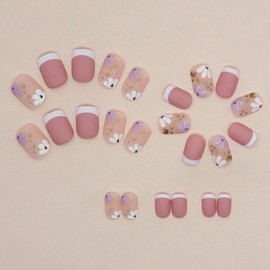 Hkanlre Uñas Postizas Cuadradas Rosas Con Cobertura Total, Uñas Postizas Francesas Con Flores Para Mujeres Y Niñas, 24 Unidades Rosa 1 Onza Líquida (Paquete De 1)