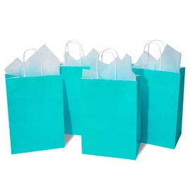 DjinnGlory 24 Pack Medium Size Teal Blue Paper Gift Bags with Handles 10x8x4 Inch and 24 Tissue Paper for Birthday Wedding Baby Bridal Shower Party Favors, Merchandise Shopping Bags