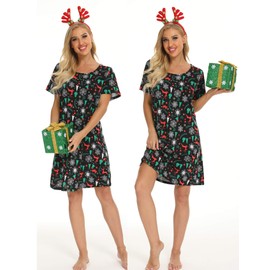 ENJOYNIGHT Womens Nightgown Cotton Sleep Shirt Femme Nightshirt Short Sleeves Pajamas Night Dress (Medium, Xmas)